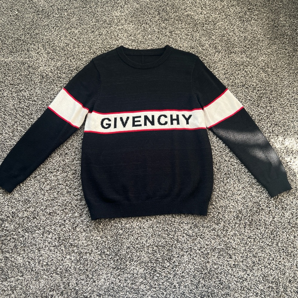 Givenchy Black Crewneck Sweater with White and Red Stripes
